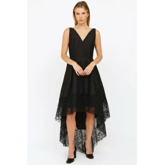 MONIQUE LHUILLIER High Low Lace Hem Sleeveless Ball Gown Size 8 Black Satin - Picture 1 of 10